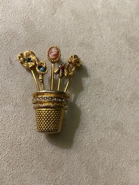 Gold Floral Thimble Brooch with Gem-Accent Pins